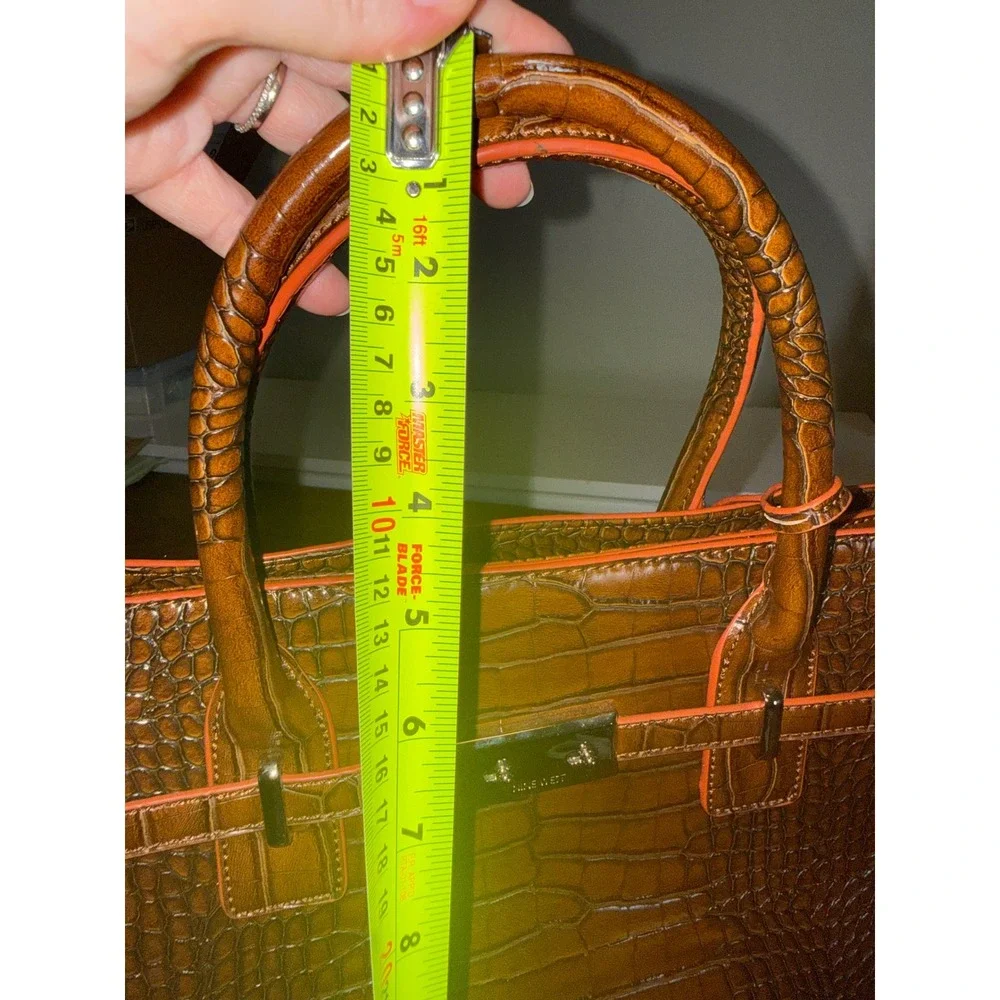 Nine West Brown Croc Embossed Satchel Handbag Orange Trim Crossbody Bag